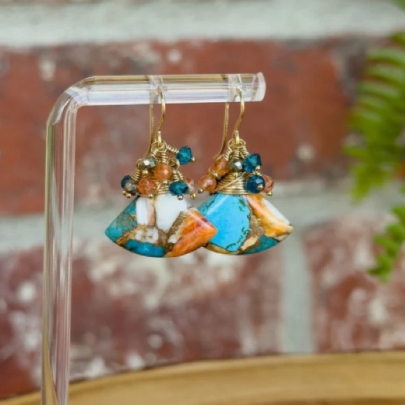 Copper Spiny Oyster Turquoise Gemstone Cluster Earrings - Picture 2 of 3
